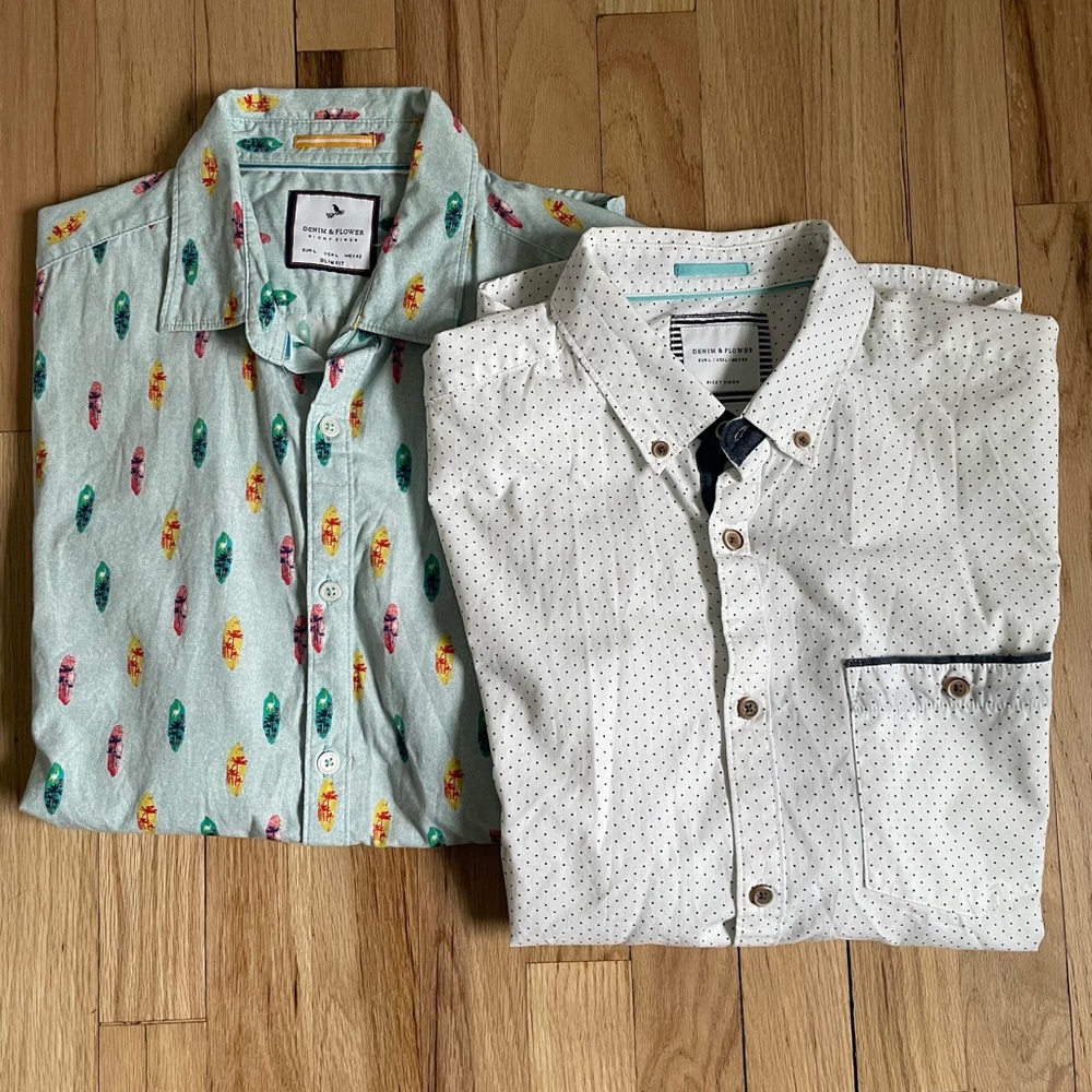 2 Denim & Flower Short-Sleeve Printed Shirts, Size Large